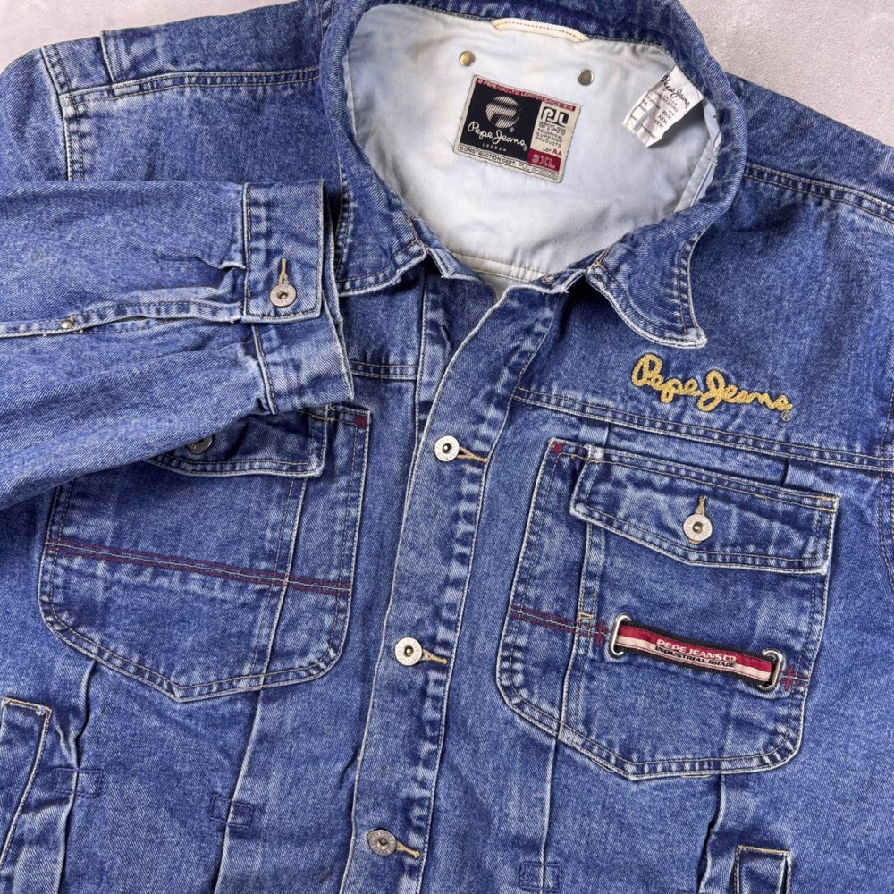 VTG Pepe Jeans London Blue Denim Trucker Jacket Men 3XL Industrial Grade Rap Y2K